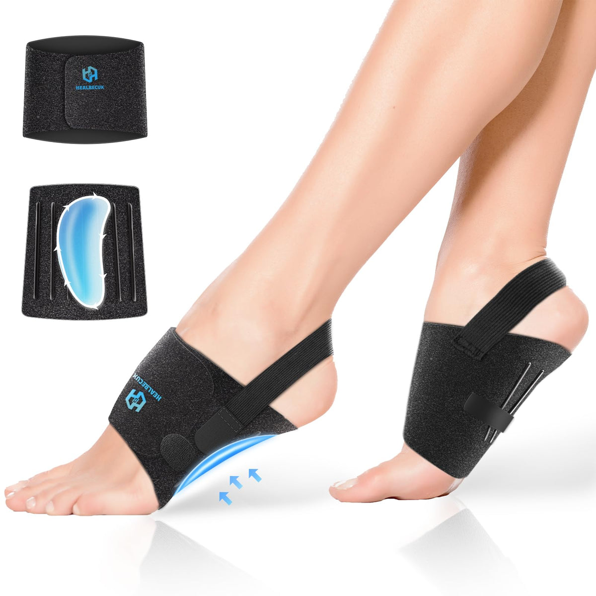 Healrecux arch-support brace under the arch with gel pad for added lift and comfort