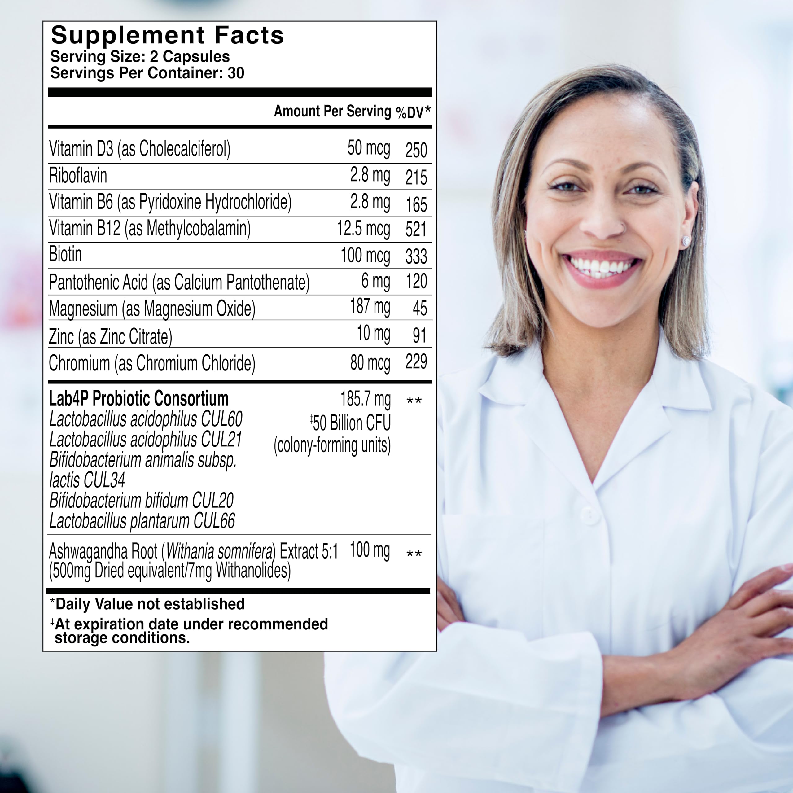 Health & Her Lab4P probiotic capsules closeup highlights weight management support.