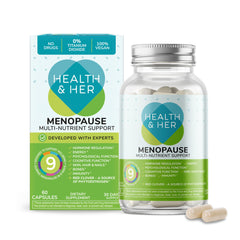 Health & Her menopause bottle front view with branding and daily-use potential.