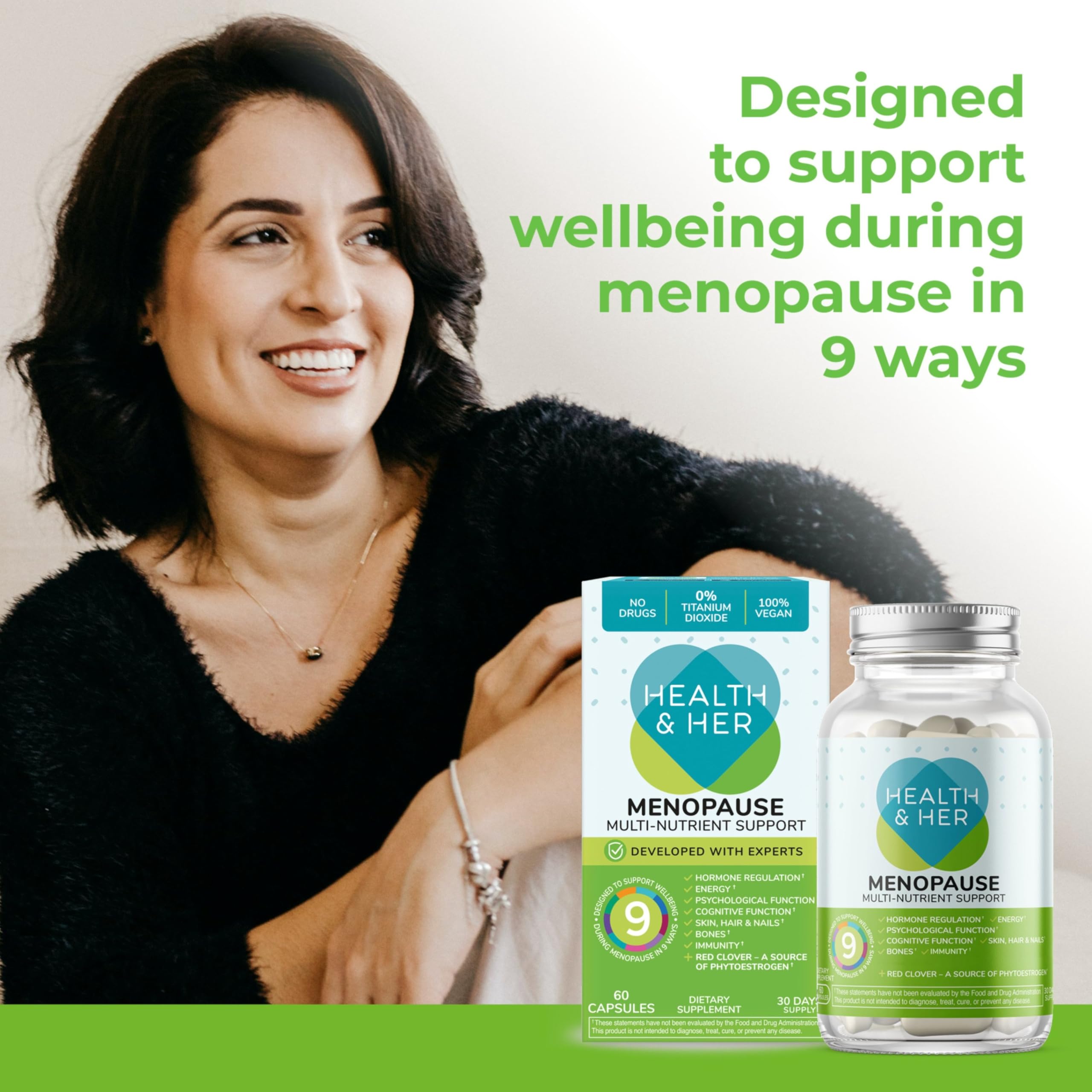 Gluten-free vegan Health & Her label supports dietary-friendly wellness.