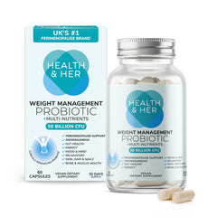 Health & Her weight-management probiotic bottle front supports daily gut health.