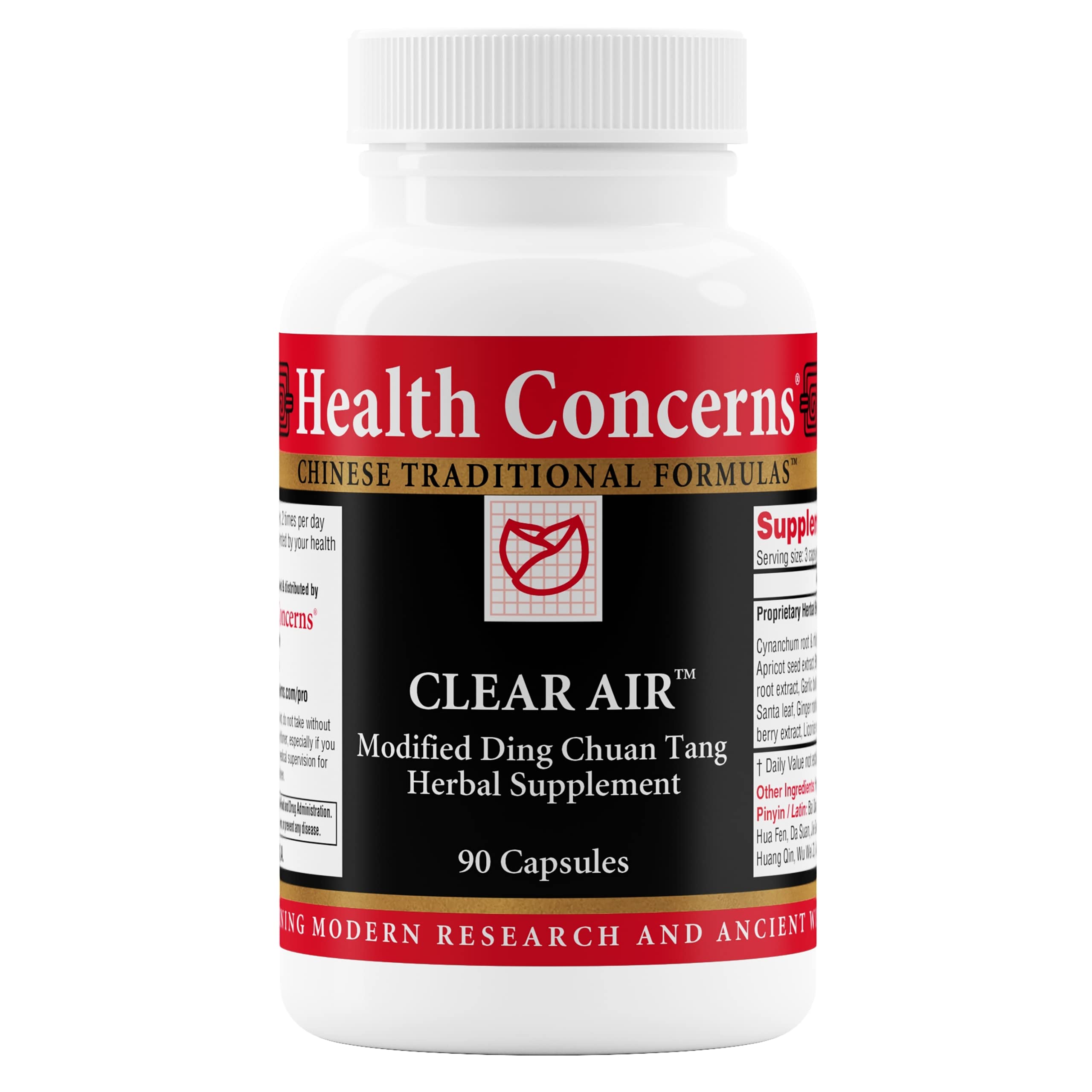 Health Concerns Clear Air bottle showing daily lung support capsules.