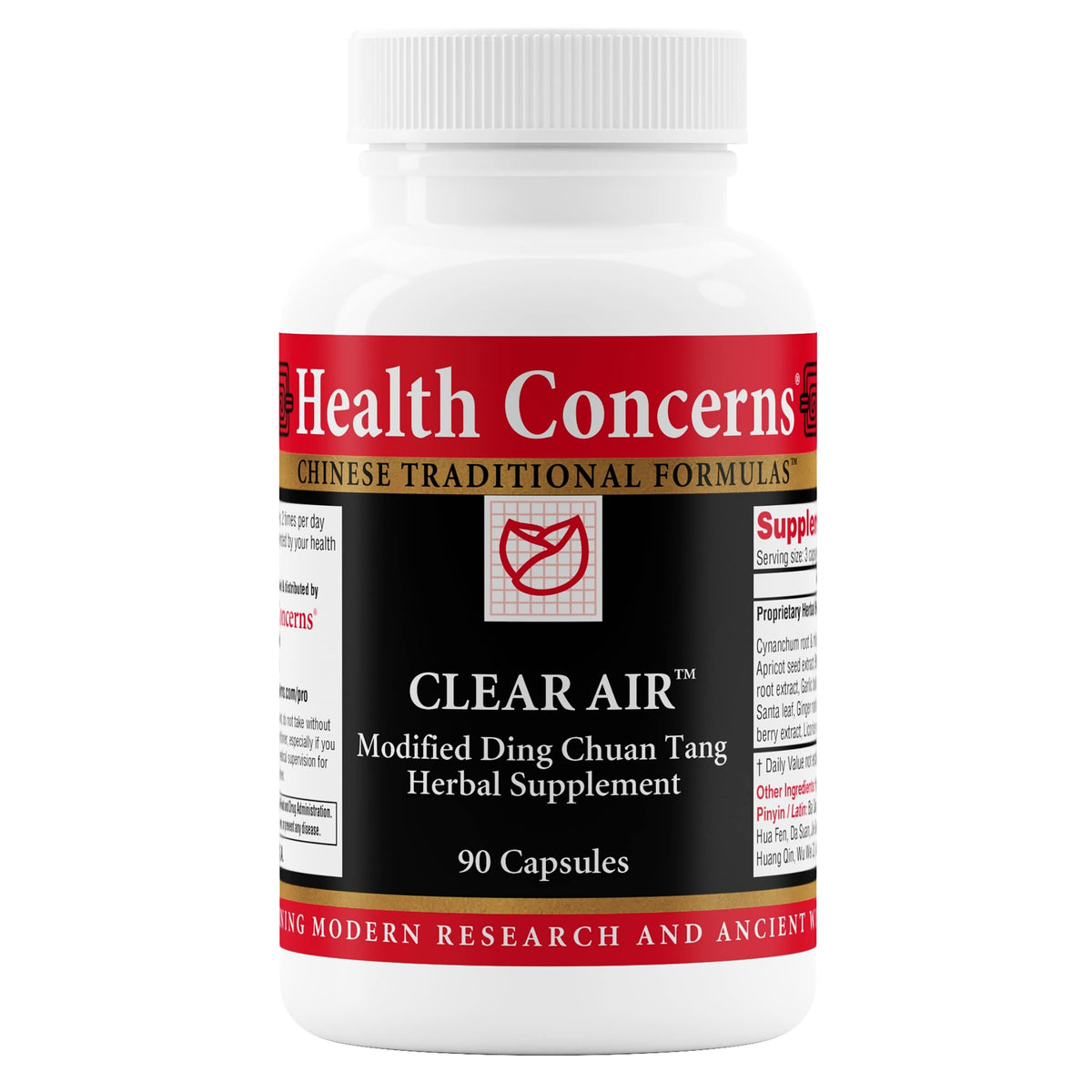 Health Concerns Clear Air bottle showing daily lung support capsules.