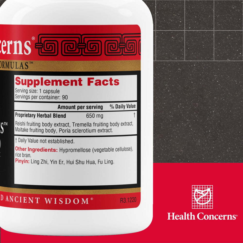 Health Concerns Power Mushrooms capsules close-up highlighting the easy-to-swallow form