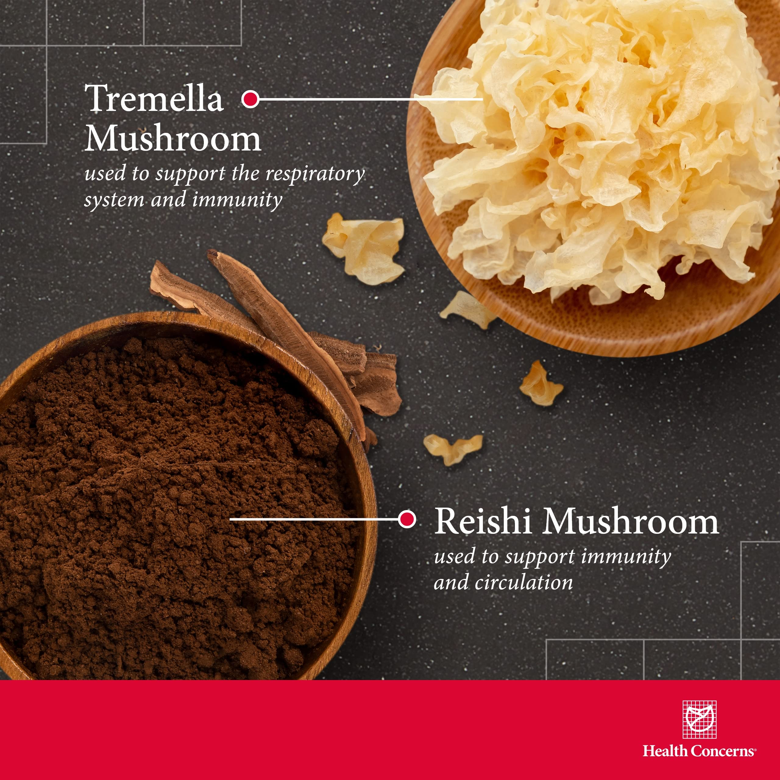 Health Concerns Power Mushrooms ingredients Reishi Tremella Maitake Poria for balanced wellness