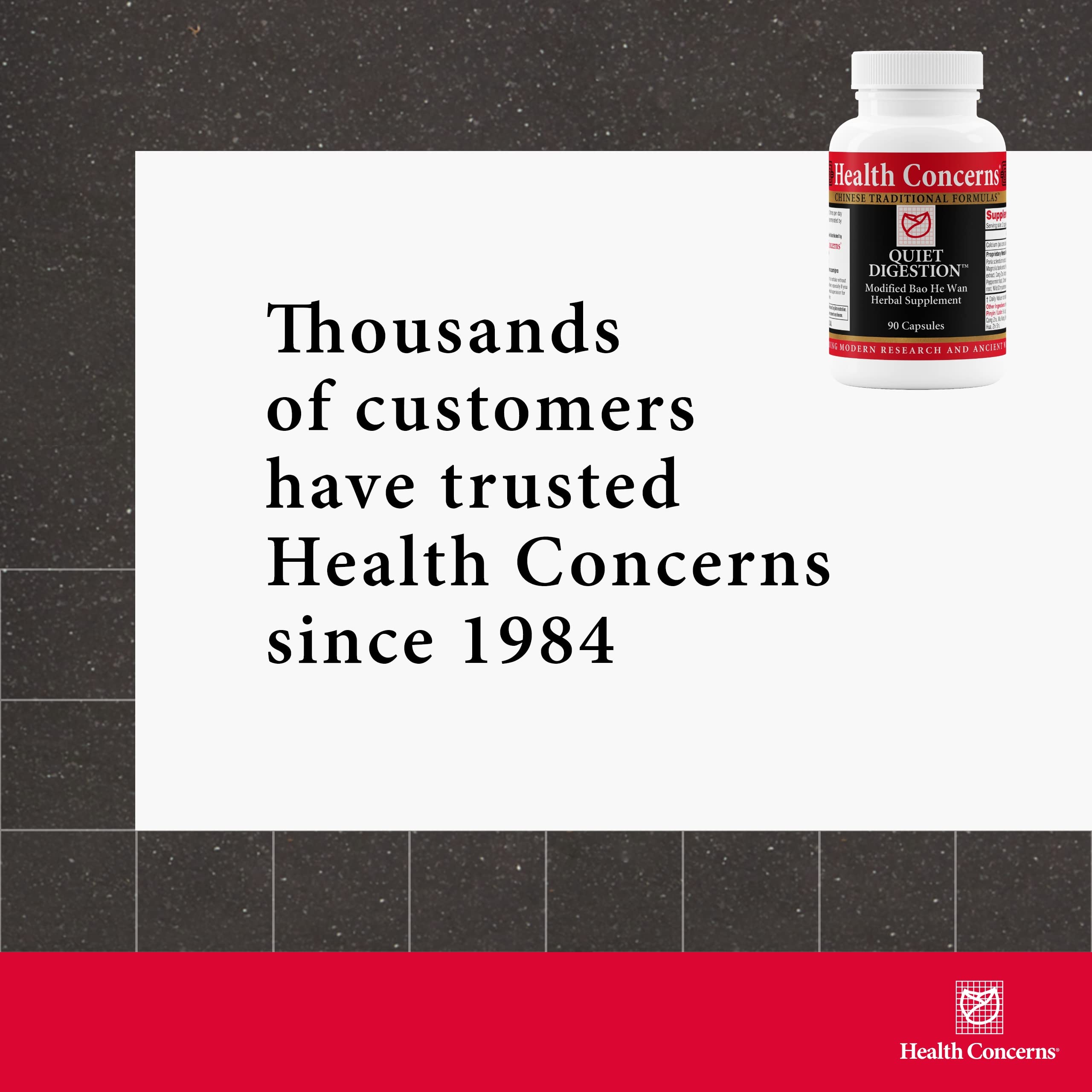Health Concerns Quiet Digestion label packaging emphasizing natural herbs