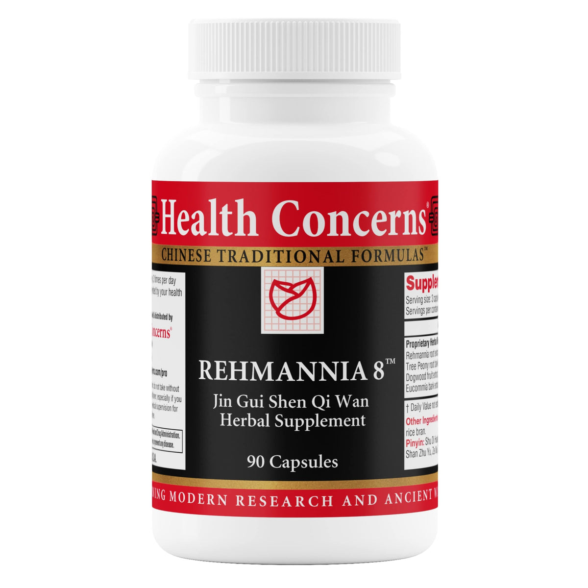 Health Concerns Rehmannia 8 bottle label highlighting traditional herb blend for kidney support