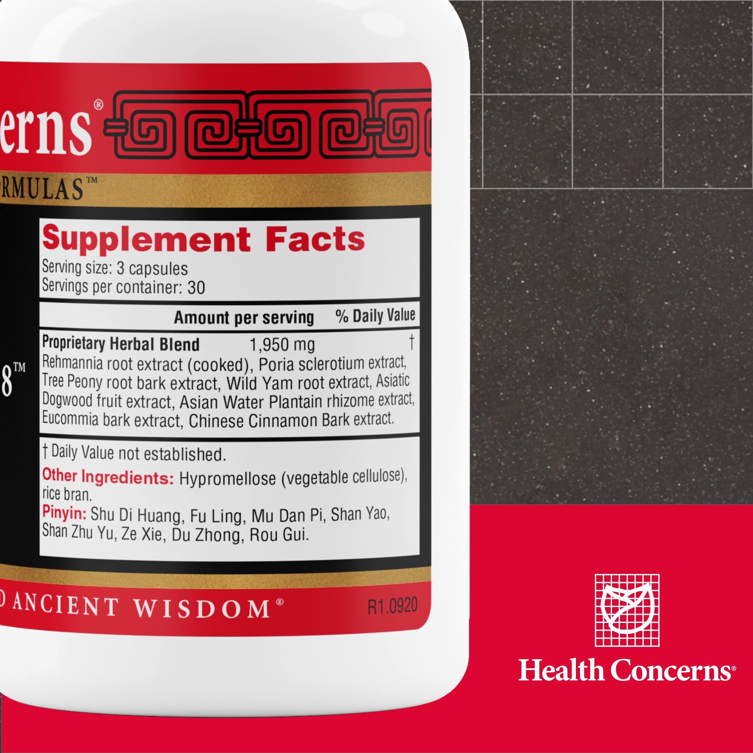 Close-up of Health Concerns Rehmannia 8 capsules showing easy to swallow form
