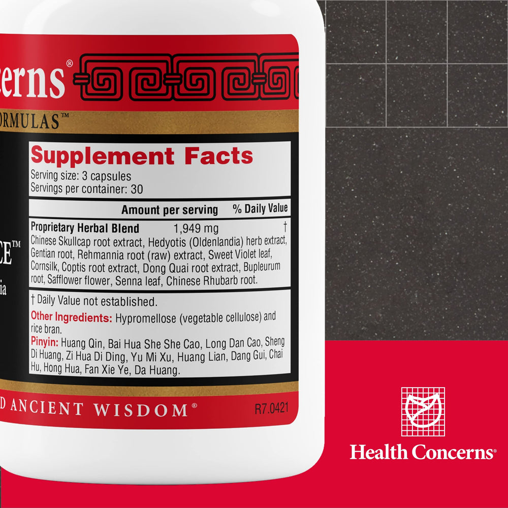 Health Concerns Skin Balance capsules close-up showing herbal blend.