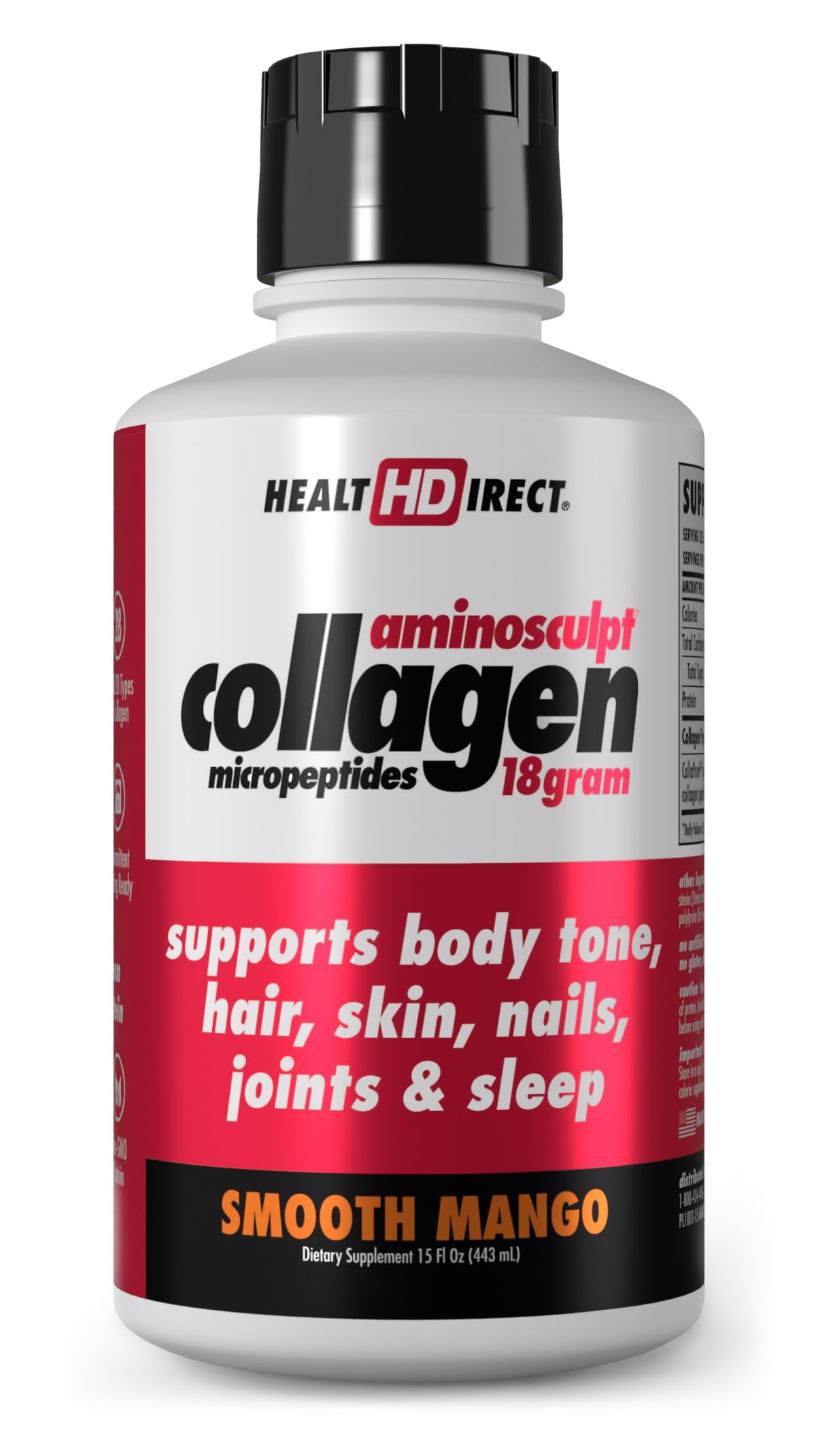 Health Direct AminoSculpt mango liquid collagen bottle shows high-potency formula for daily use