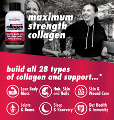 Liquid collagen pouring from AminoSculpt bottle for rapid absorption.