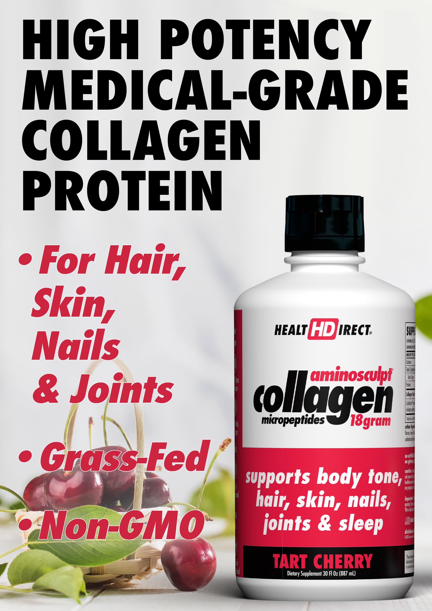 Non-GMO label on HEALTH DIRECT AminoSculpt bottle, sugar-free formula.