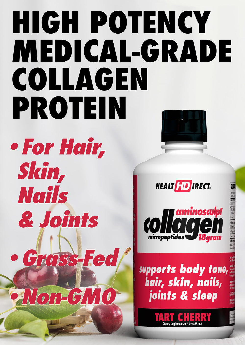 Non-GMO label on HEALTH DIRECT AminoSculpt bottle, sugar-free formula.