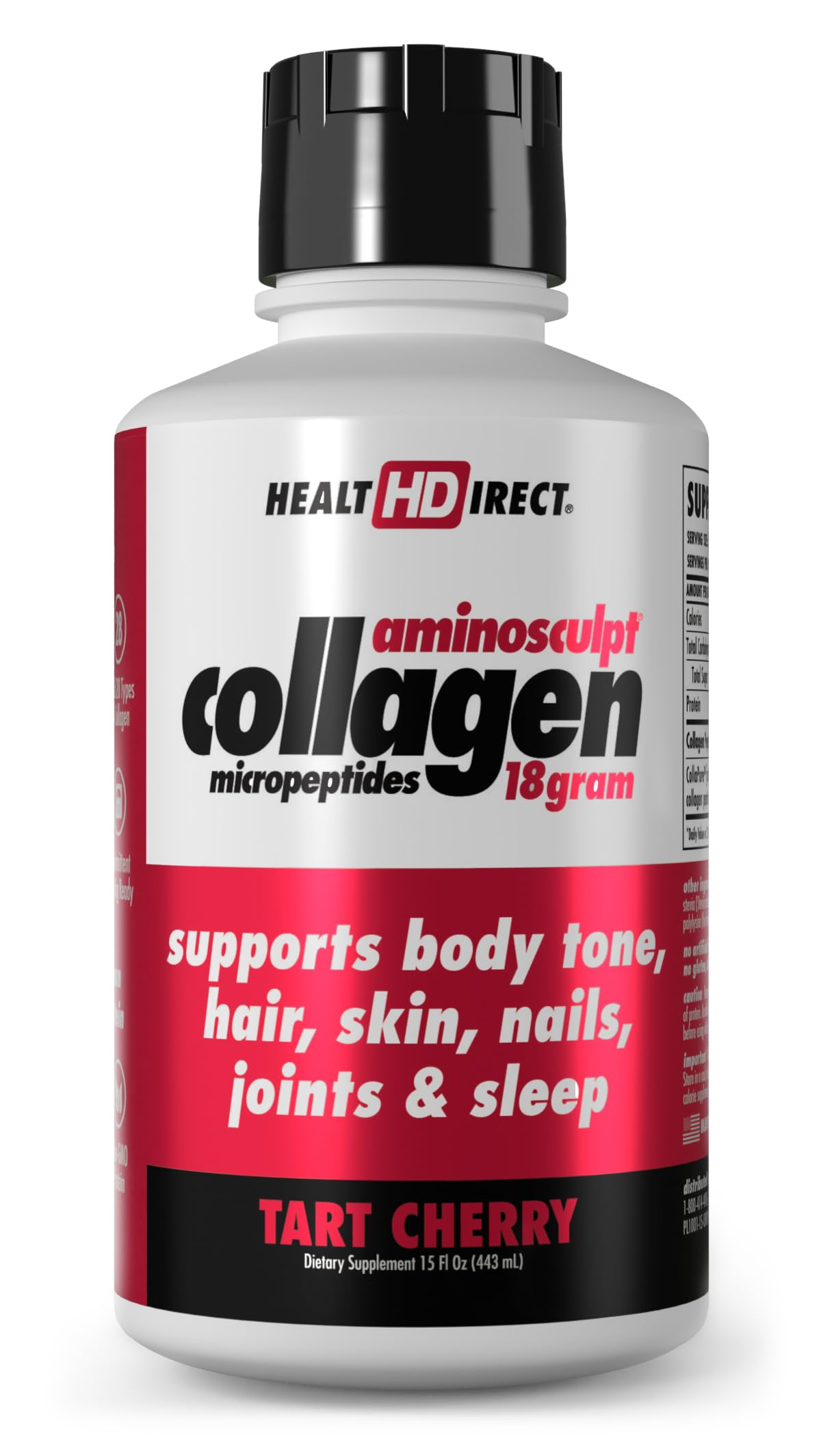 Health Direct AminoSculpt tart cherry bottle highlights ready-to-drink liquid collagen for joints and skin support.
