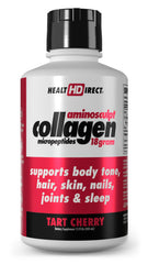 Health Direct AminoSculpt tart cherry bottle highlights ready-to-drink liquid collagen for joints and skin support.