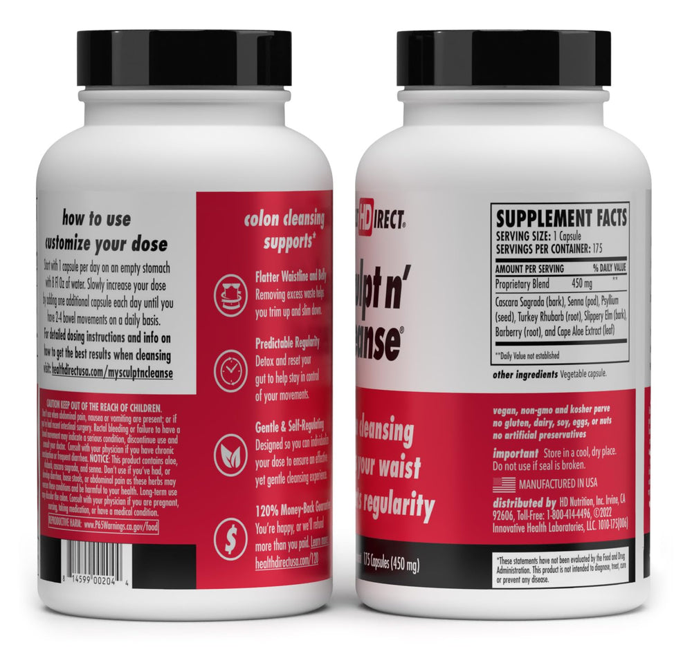 Health Direct Sculpt n' Cleanse label shows natural ingredients for gentle daily cleansing.