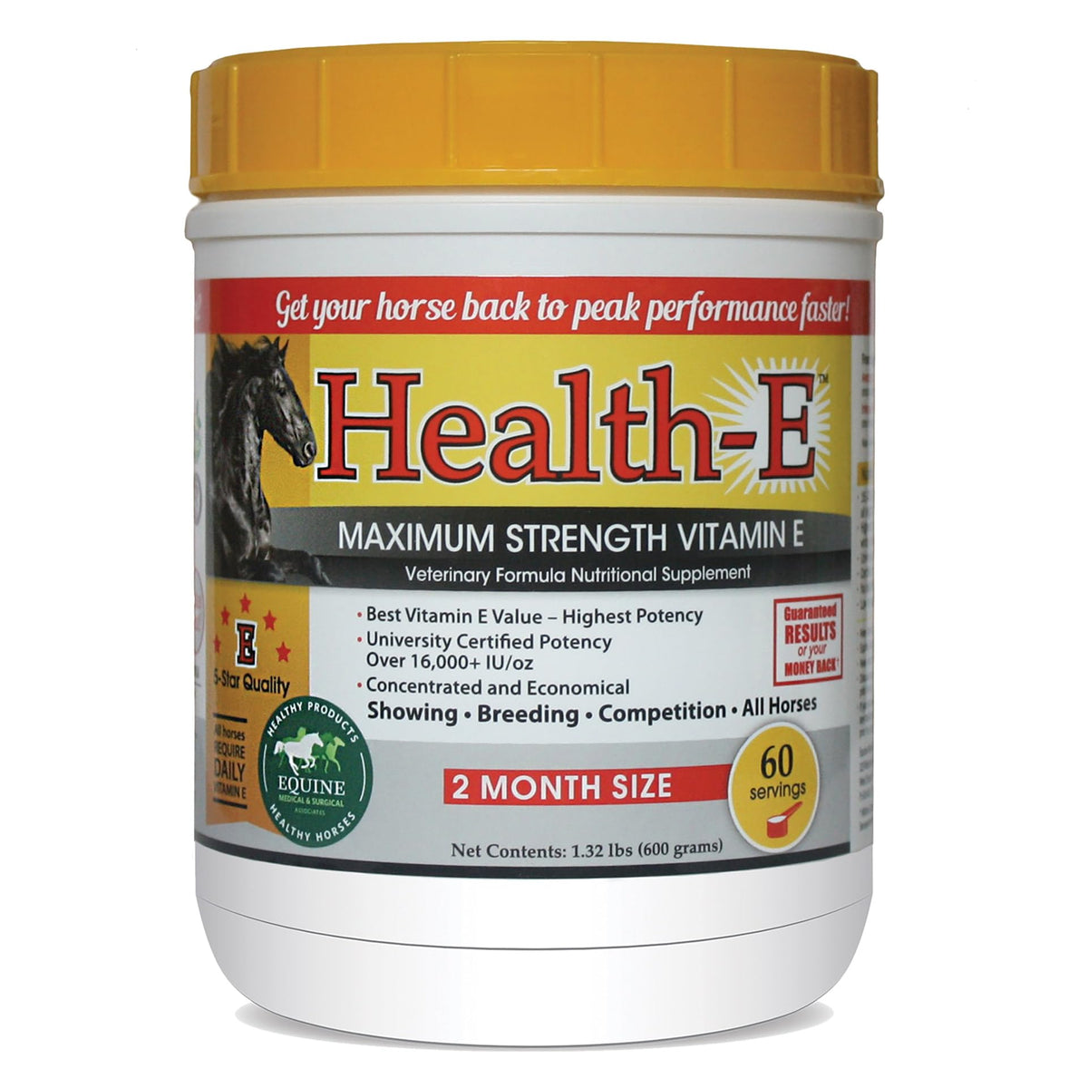 Health-E vitamin E powder bottle for horses, supports immune health and skin condition