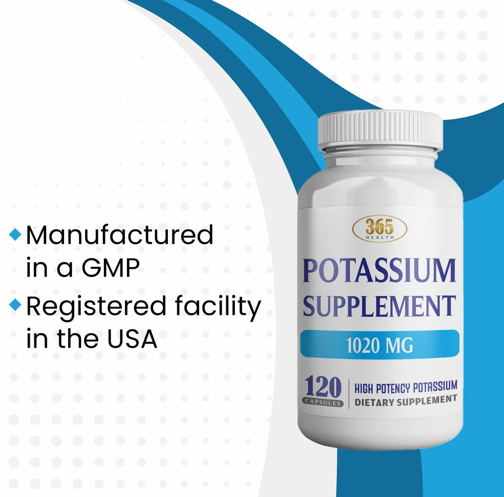 HEALTH LFE 365 Potassium glass bottle signals premium USA-made quality.