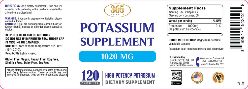 Nutrition facts for HEALTH LFE 365 Potassium show a clear, gluten-free, non-GMO formula.