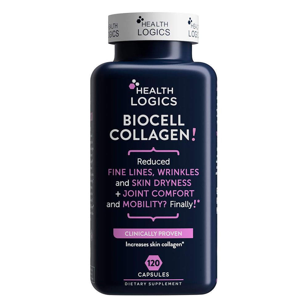 Health Logics BioCell Collagen bottle with capsules for joint and skin support.