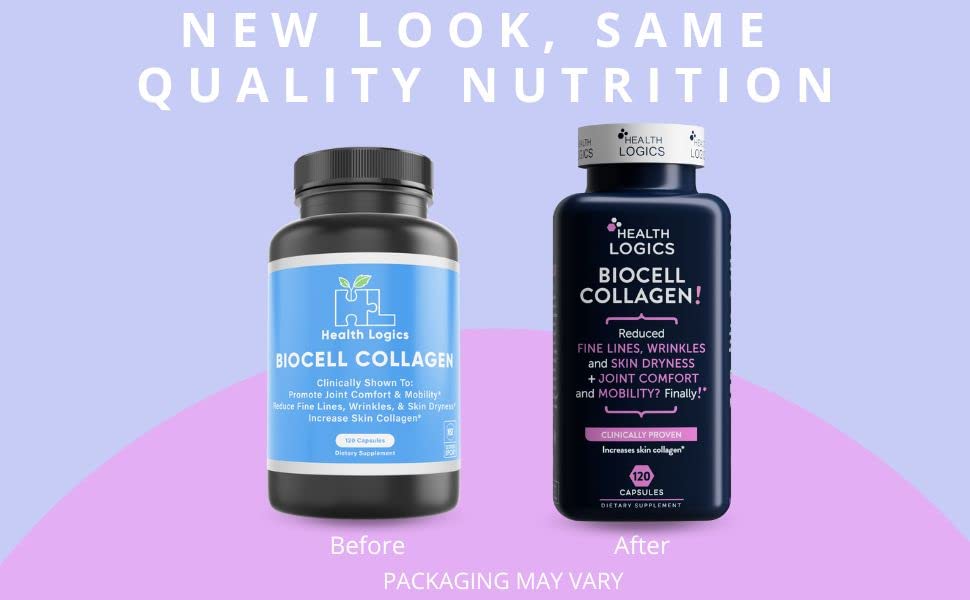 Health Logics BioCell Collagen label highlighting GMO-free and allergen-free ingredients.