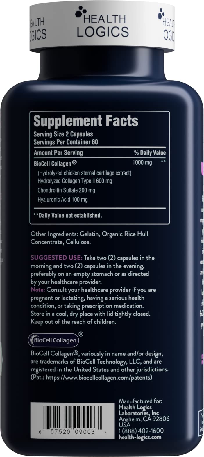 Health Logics BioCell Collagen capsules promoting skin hydration and elasticity.