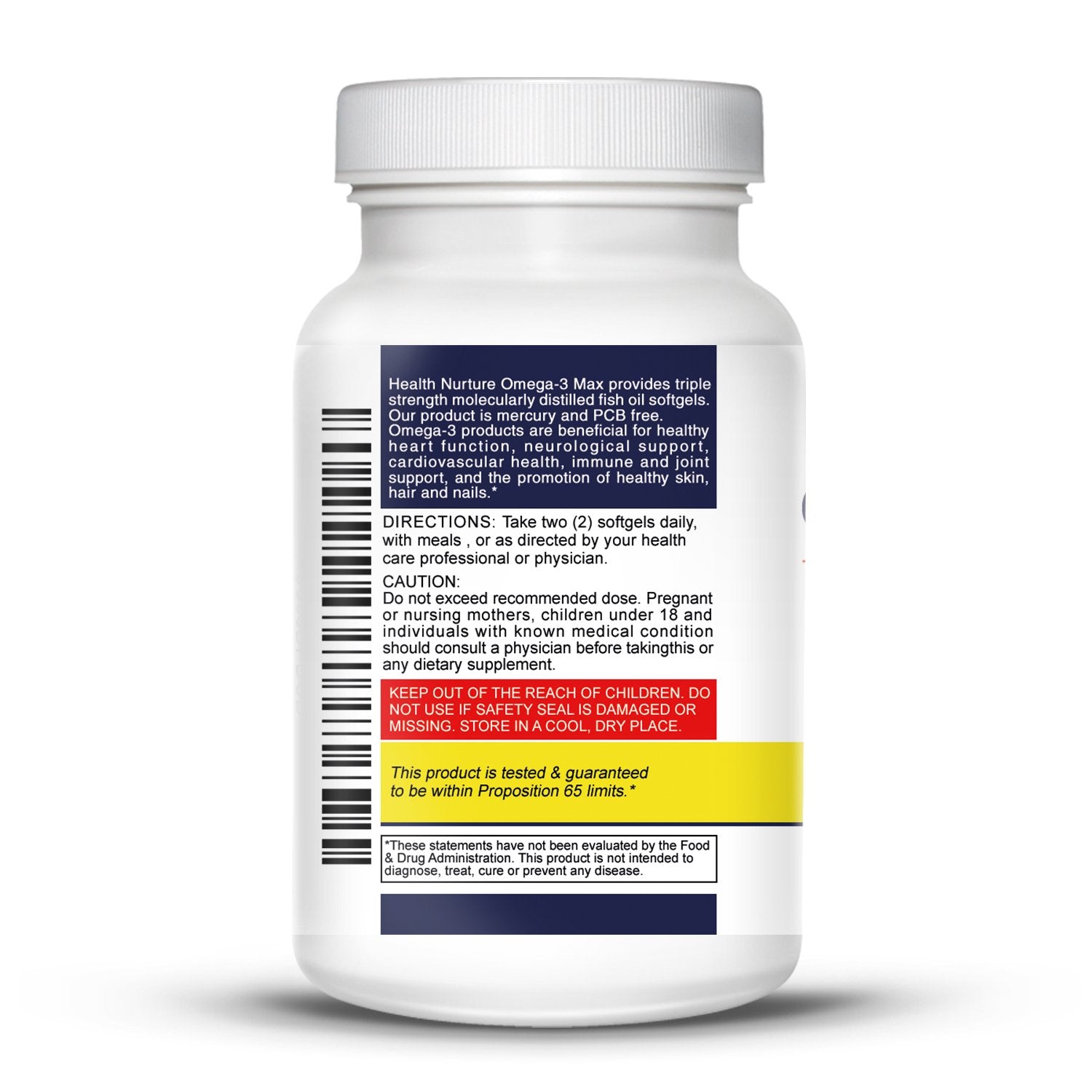 Health Nurture Omega-3 Max pharmaceutical-label emphasizes purity and potency