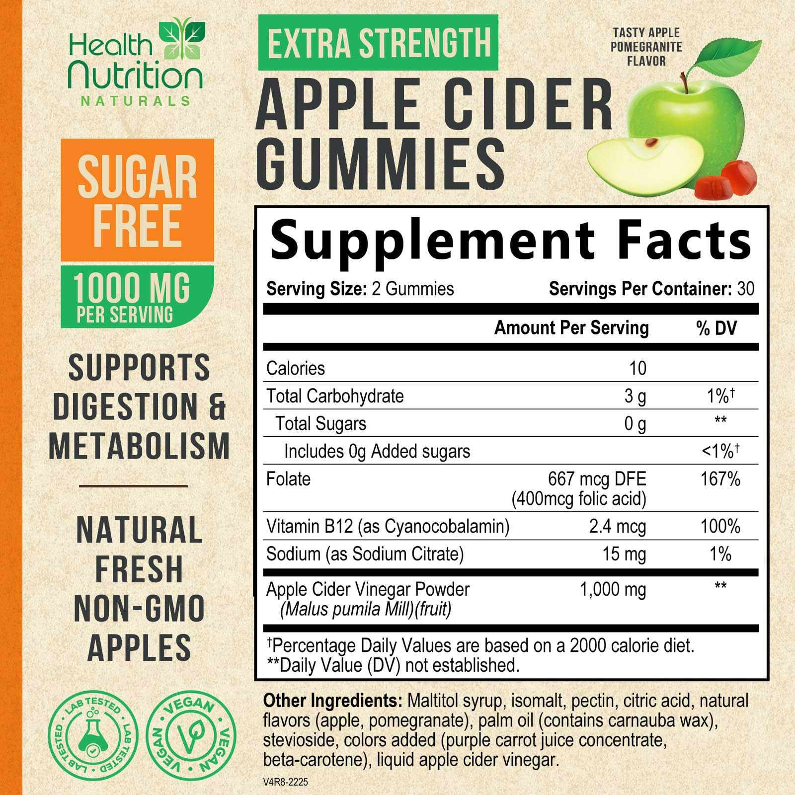 Health Nutrition Naturals gomitas ACV 1000 mg, etiqueta frontal visible para fácil identificación.