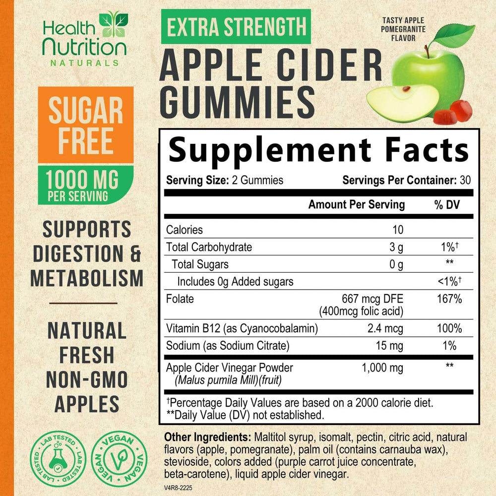 Health Nutrition Naturals gomitas ACV 1000 mg, etiqueta frontal visible para fácil identificación.