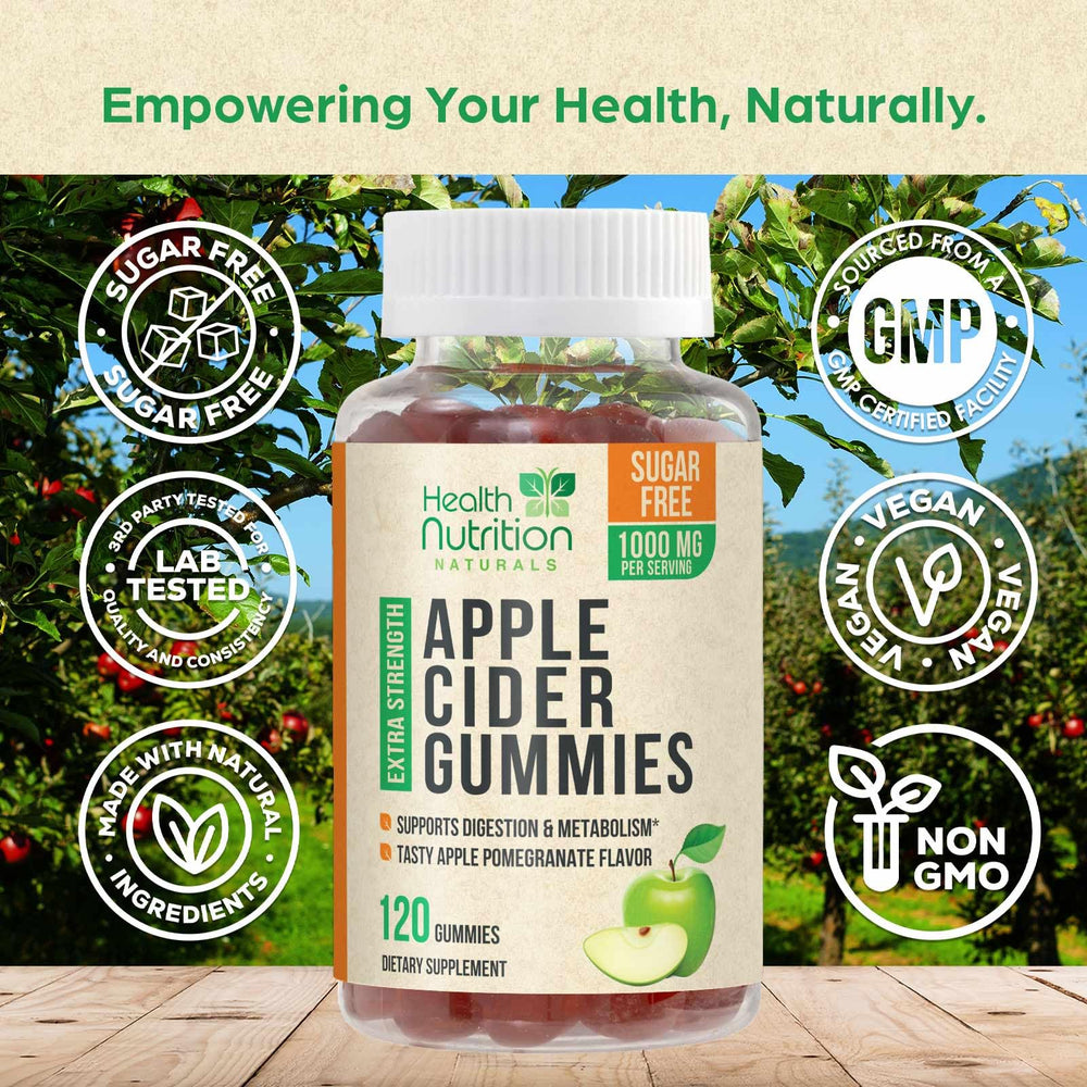Health Nutrition Naturals Apple Cider Vinegar Gummies ingredients panel highlighting vegan and gluten-free options.