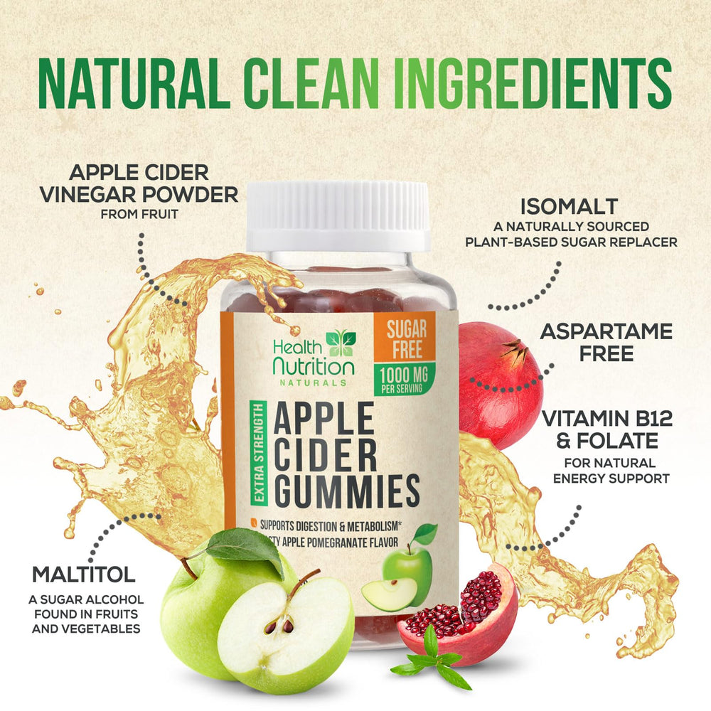 Health Nutrition Naturals Apple Cider Vinegar Gummies label close-up showing clean, sugar-free formulation.