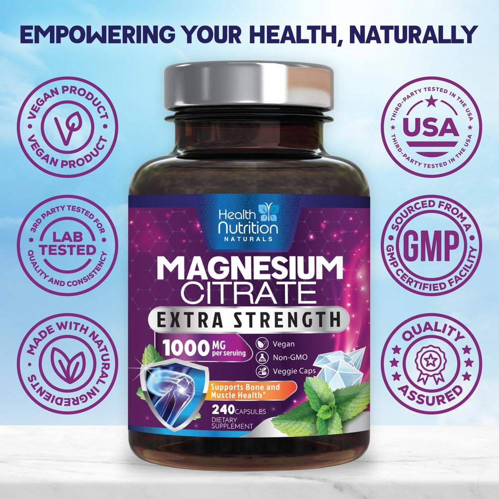 Health Nutrition Naturals magnesium citrate capsules pour illustrating effortless dosing.