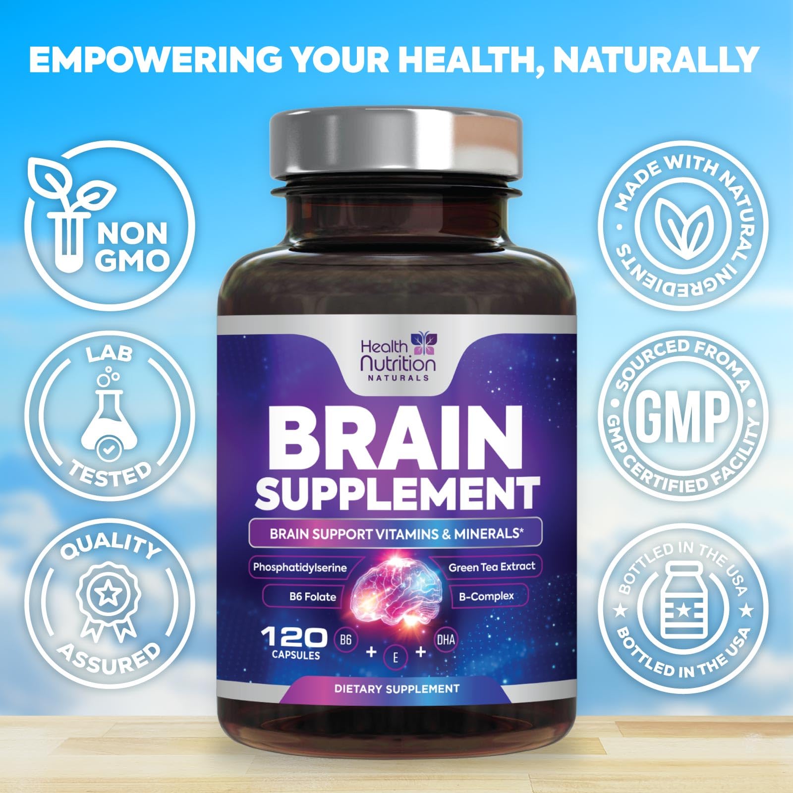 Bottle of Health Nutrition Naturals vitamins B6, C, E, and zinc for brain health.