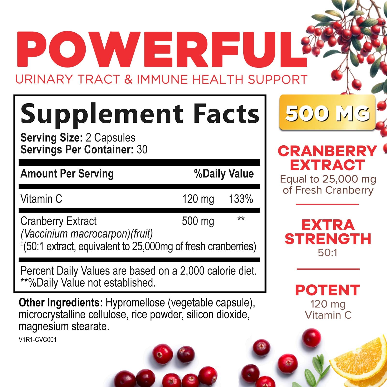 Health Nutrition Naturals Cranberry Pills concentrate capsules showing potency