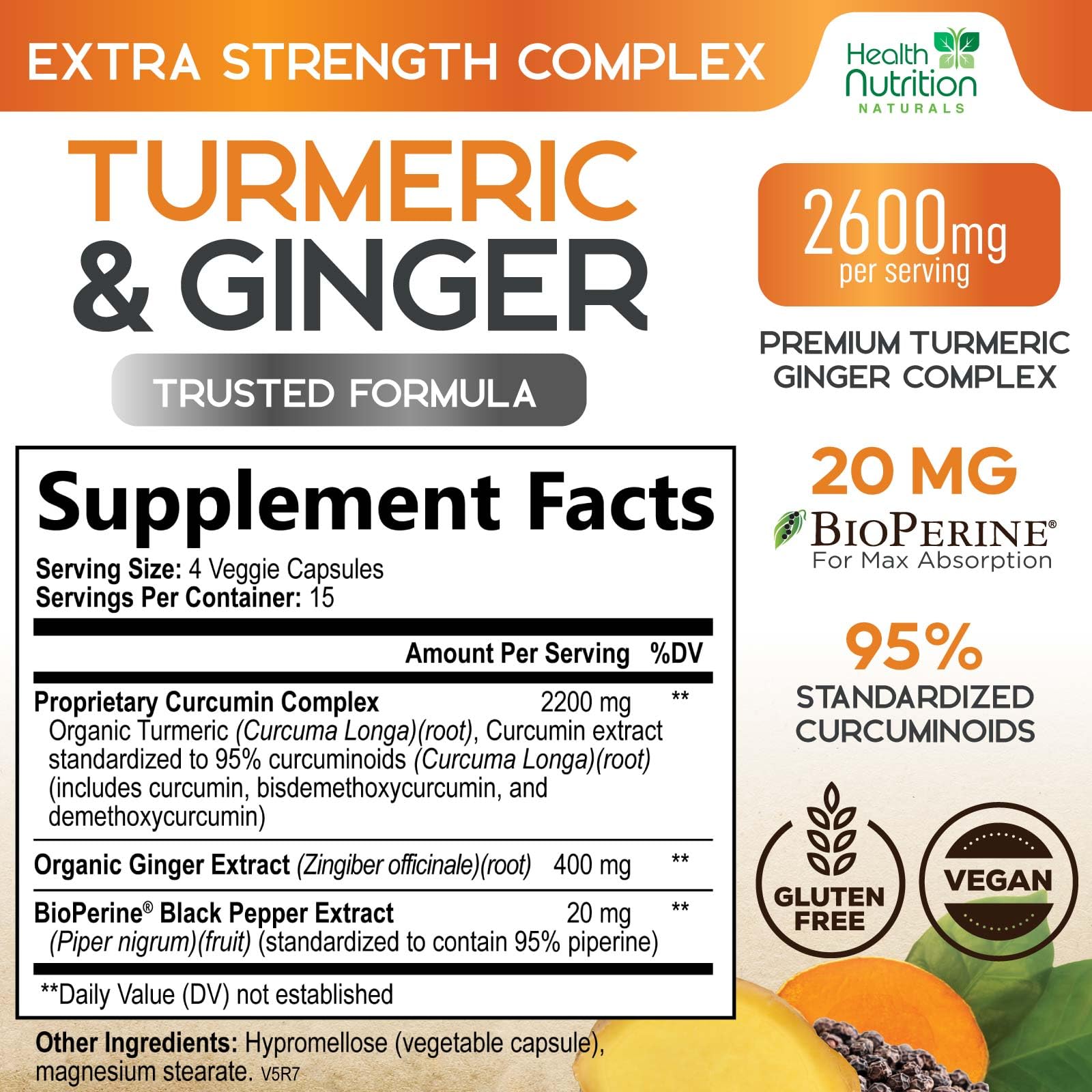 Health Nutrition Naturals Curcuma con jengibre para absorción óptima