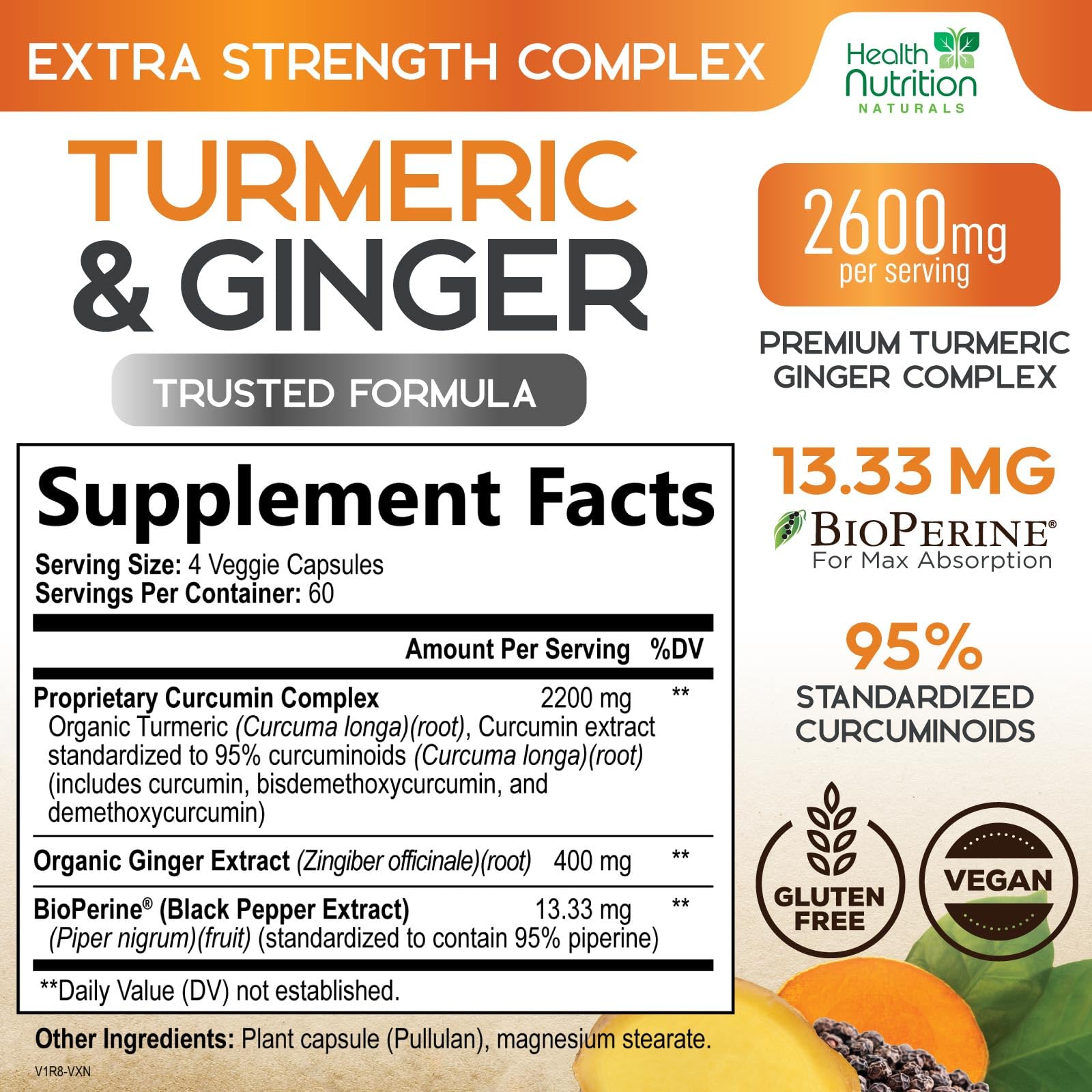 Health Nutrition Naturals 95-percent curcuminoids capsules offer high potency for daily joint support