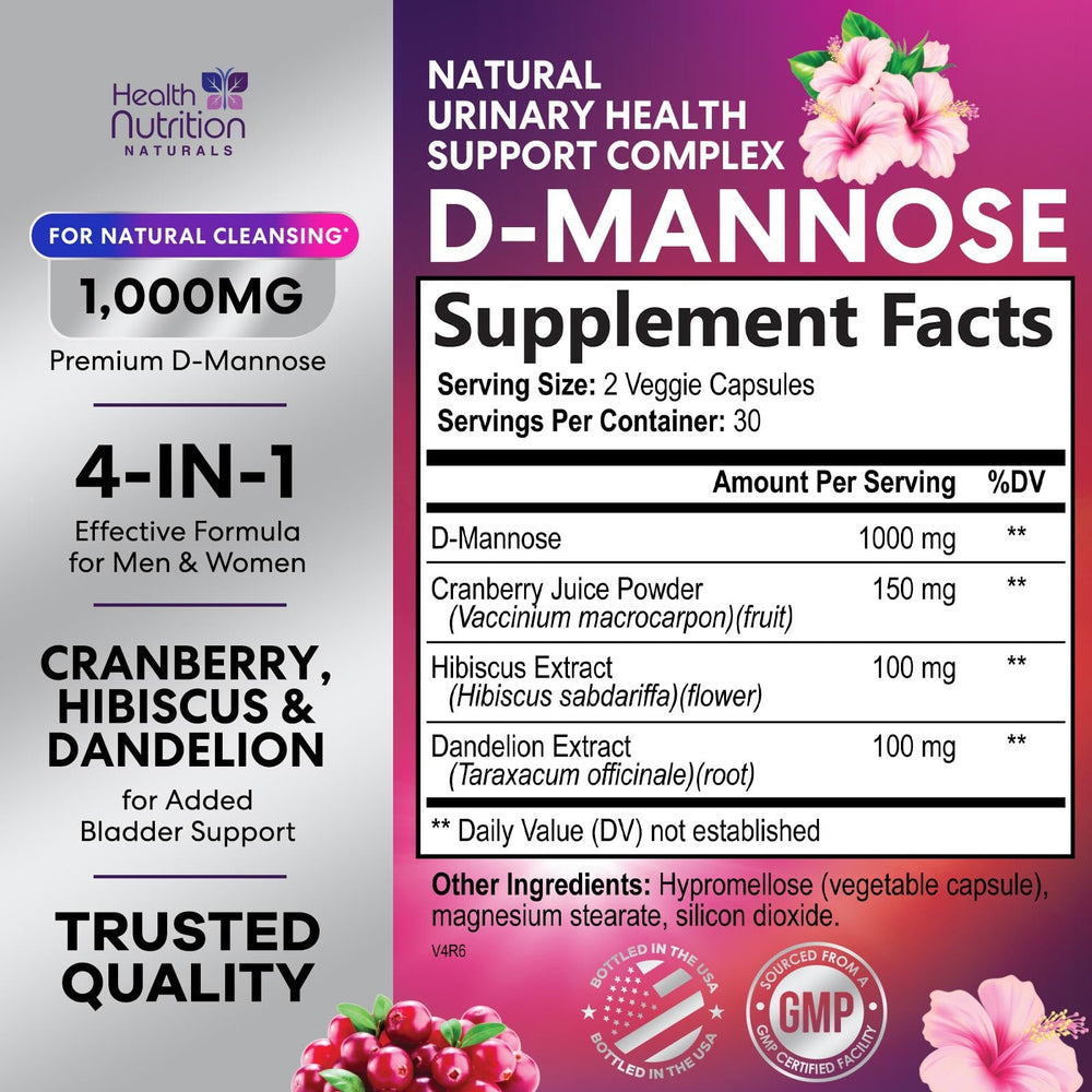 Etiqueta de Health Nutrition Naturals D-Mannose con información de ingredientes