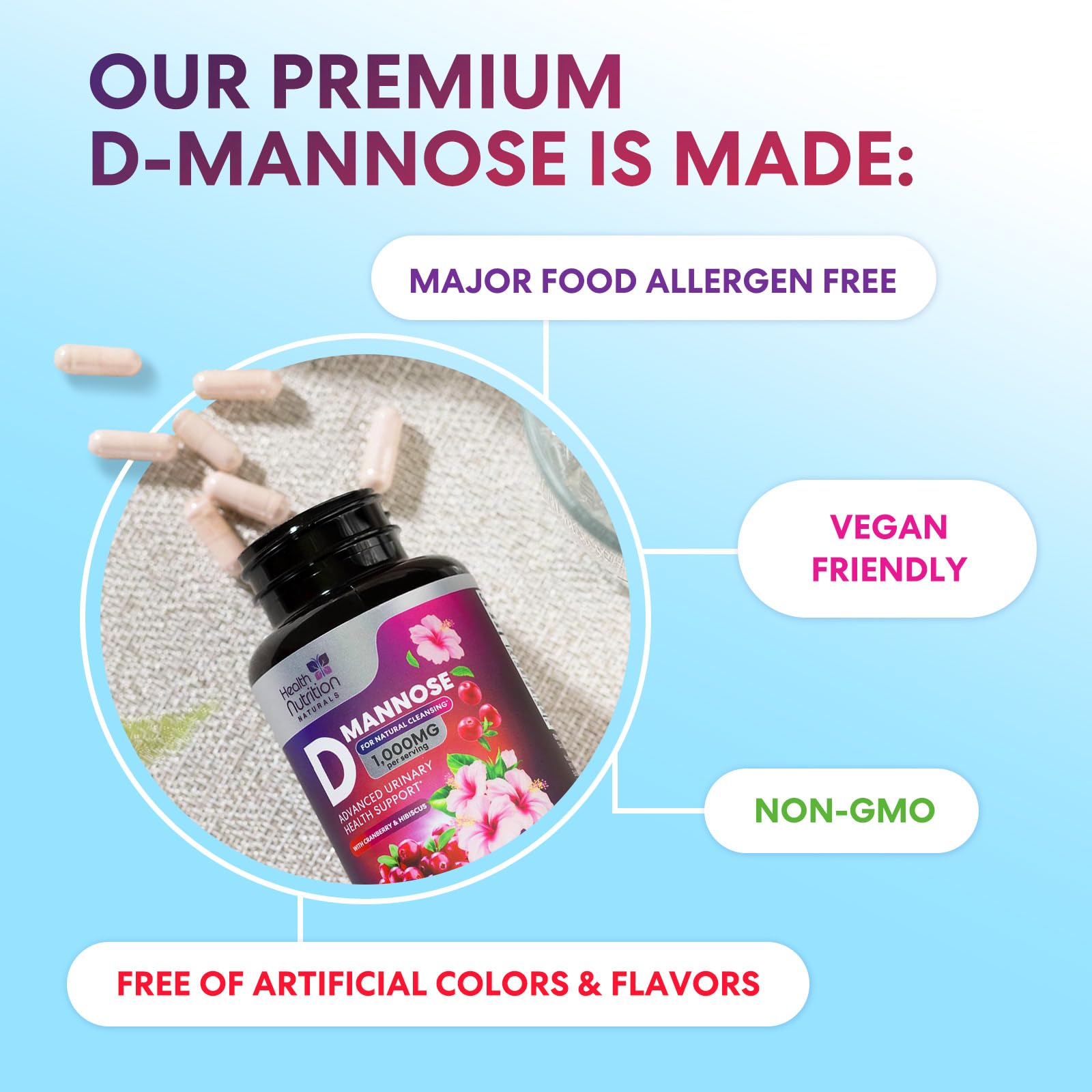 Fórmula vegana de Health Nutrition Naturals D-Mannose sin OGM ni gluten
