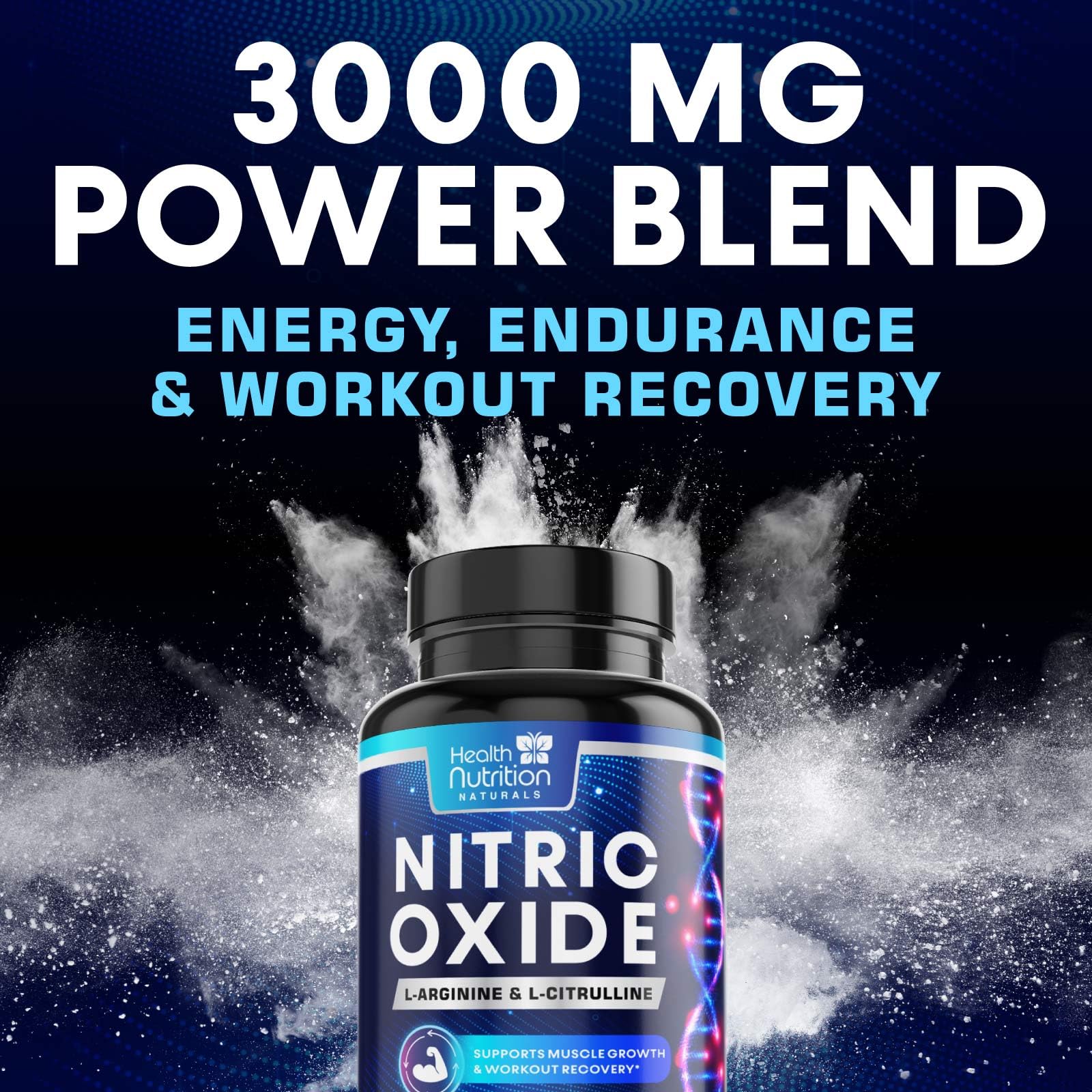 Health Nutrition Naturals Extra Strength Nitric Oxide Booster bottle on kitchen counter ready for pre-workout
