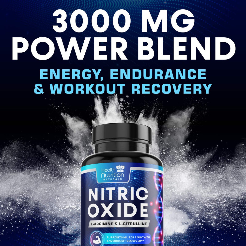 Health Nutrition Naturals Extra Strength Nitric Oxide Booster bottle on kitchen counter ready for pre-workout