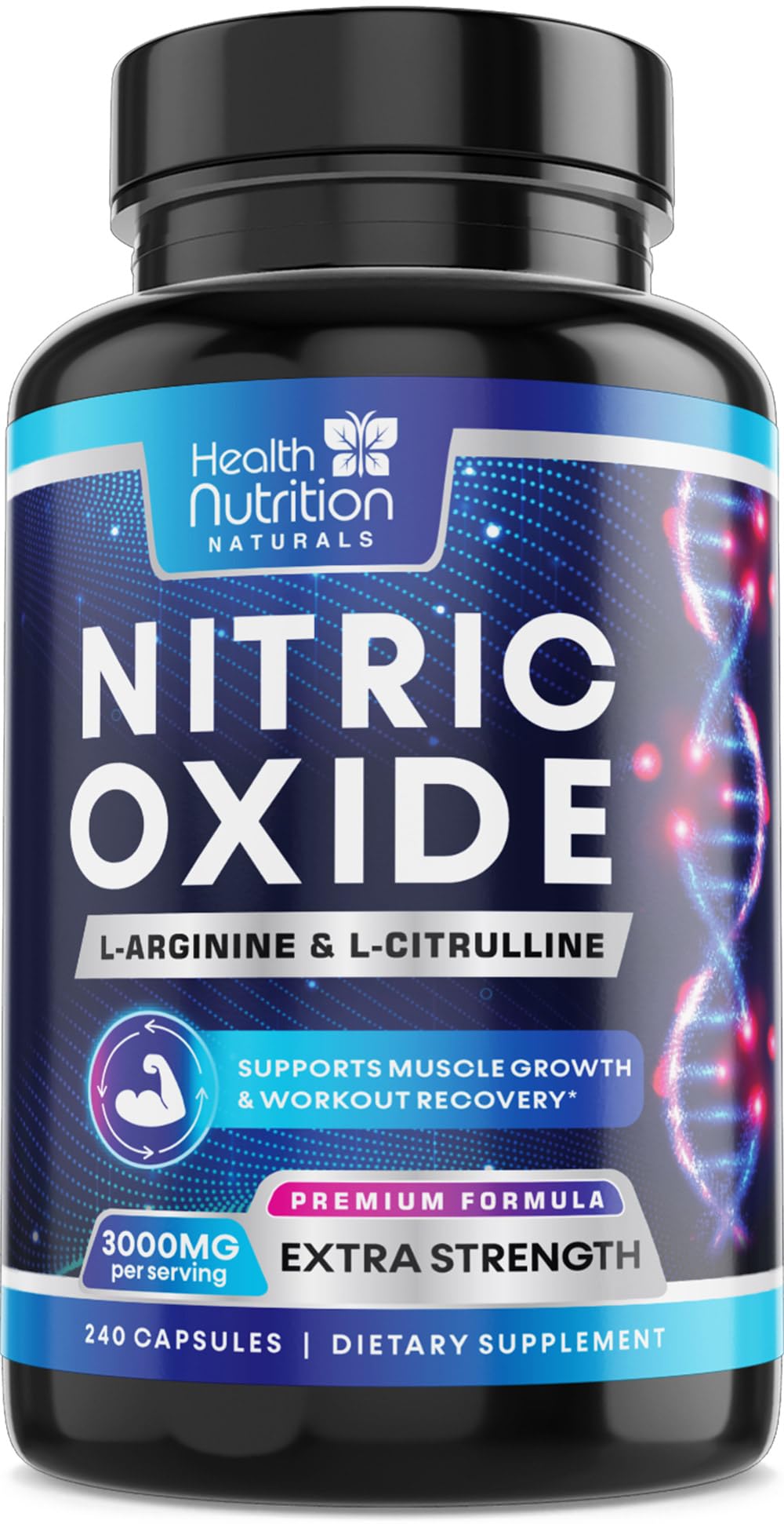Health Nutrition Naturals Extra Strength Nitric Oxide Booster bottle front view for daily workouts