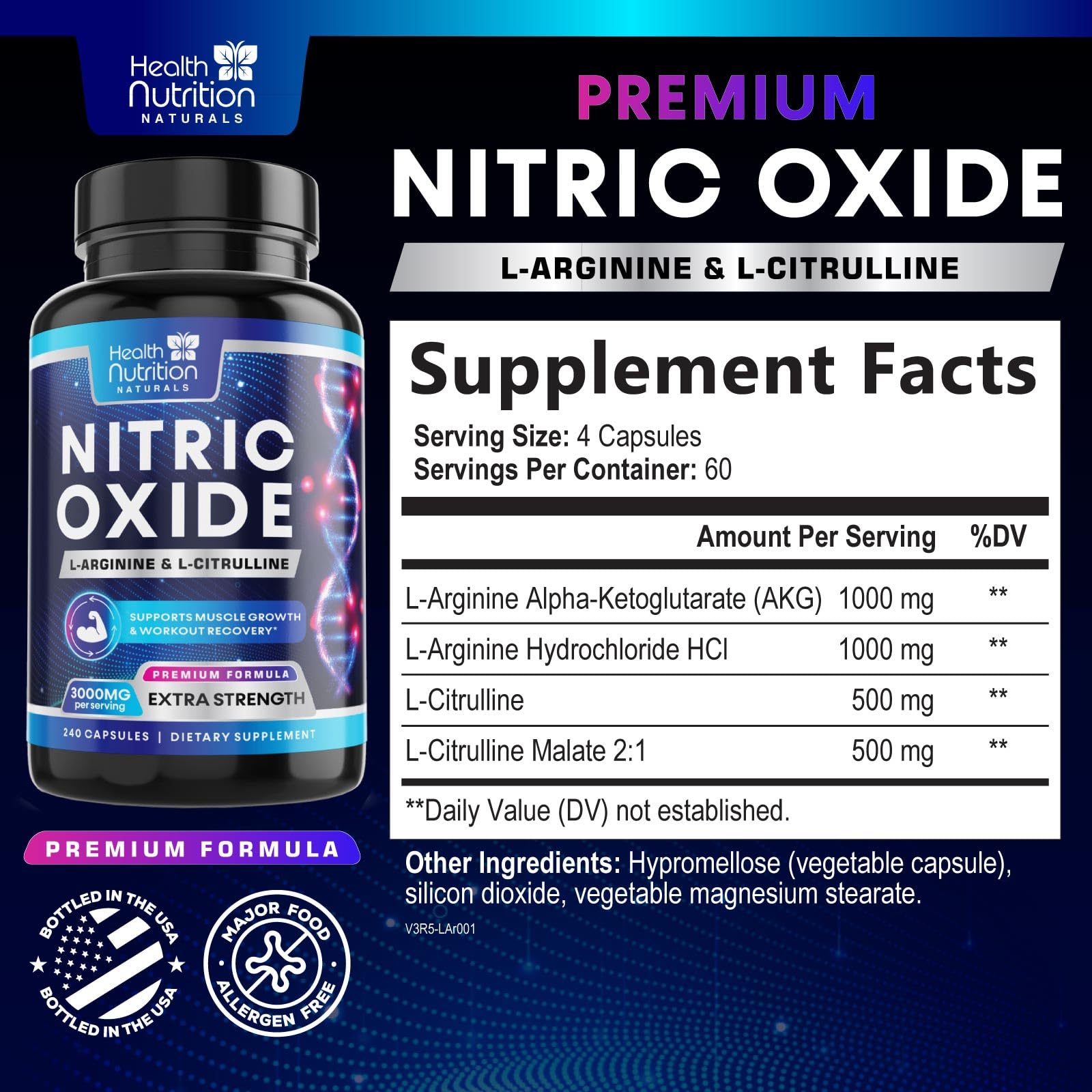 Health Nutrition Naturals Extra Strength Nitric Oxide Booster bottle label close-up showing ingredients for clarity