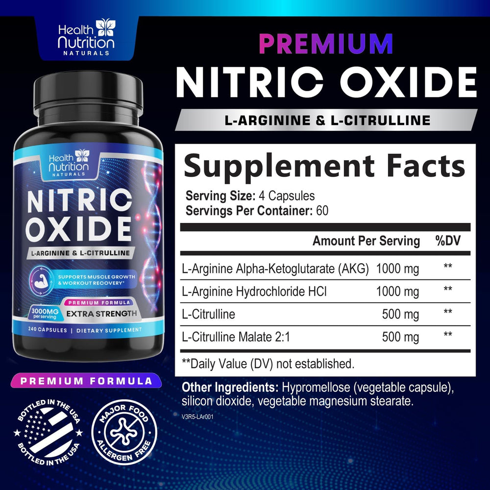 Health Nutrition Naturals Extra Strength Nitric Oxide Booster bottle label close-up showing ingredients for clarity