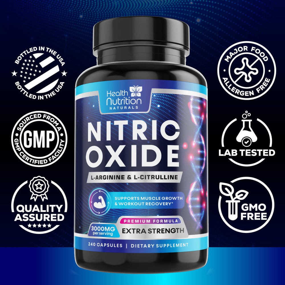Health Nutrition Naturals Extra Strength Nitric Oxide Booster capsules being poured for workouts