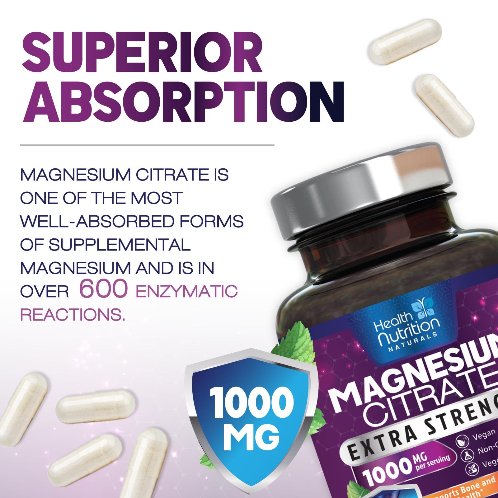Health Nutrition Naturals bottle label detail highlighting magnesium content and ingredients.