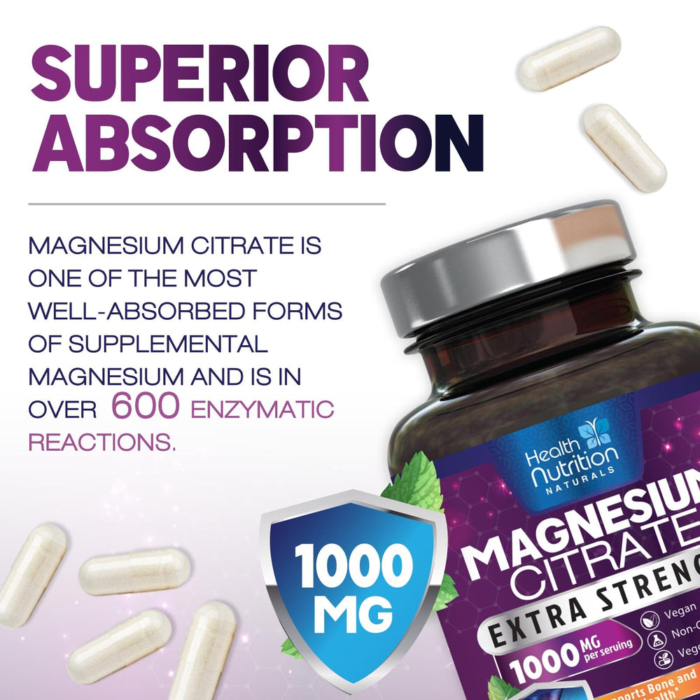 Health Nutrition Naturals bottle label detail highlighting magnesium content and ingredients.