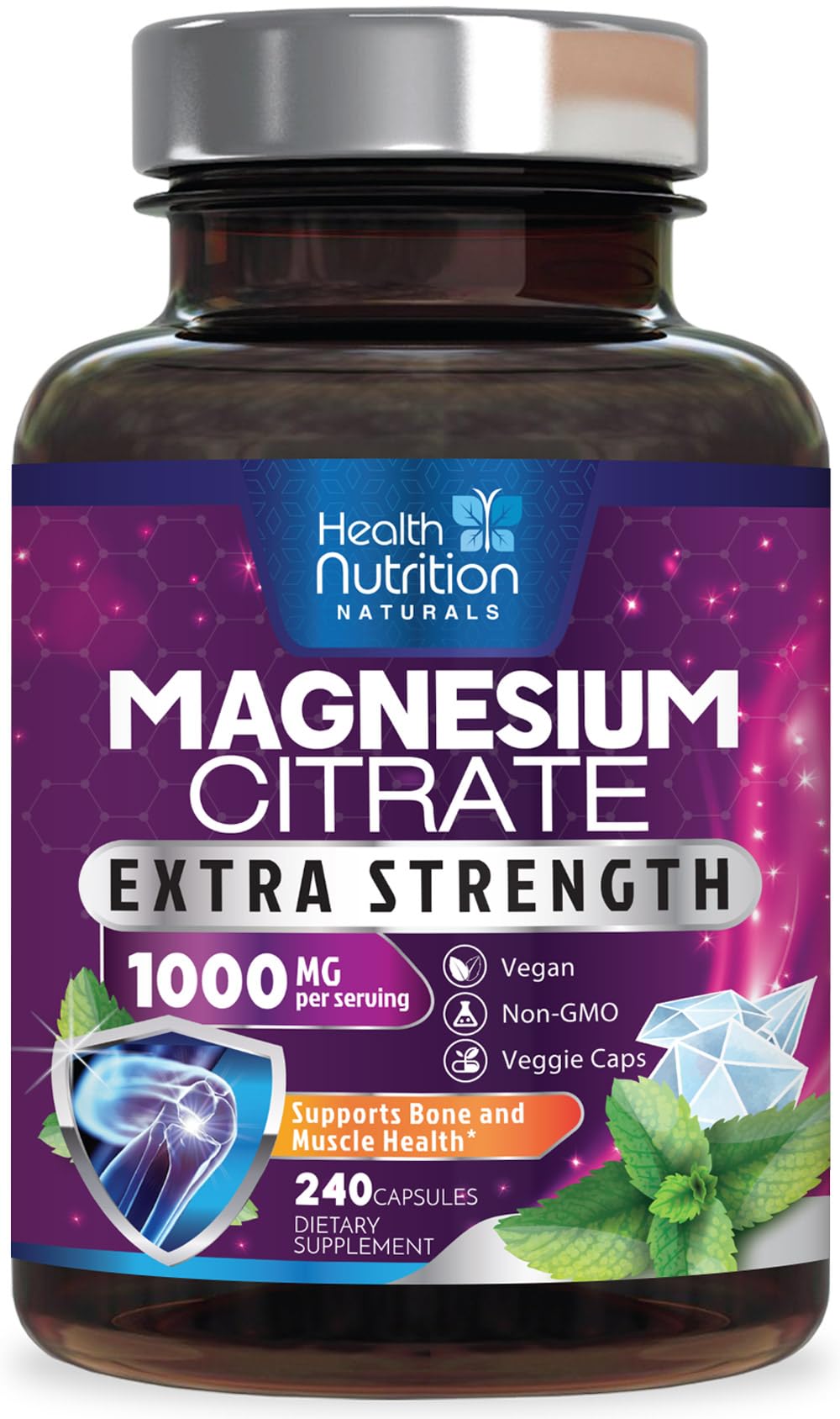 Health Nutrition Naturals magnesium citrate capsules bottle highlights 1000mg per serving.