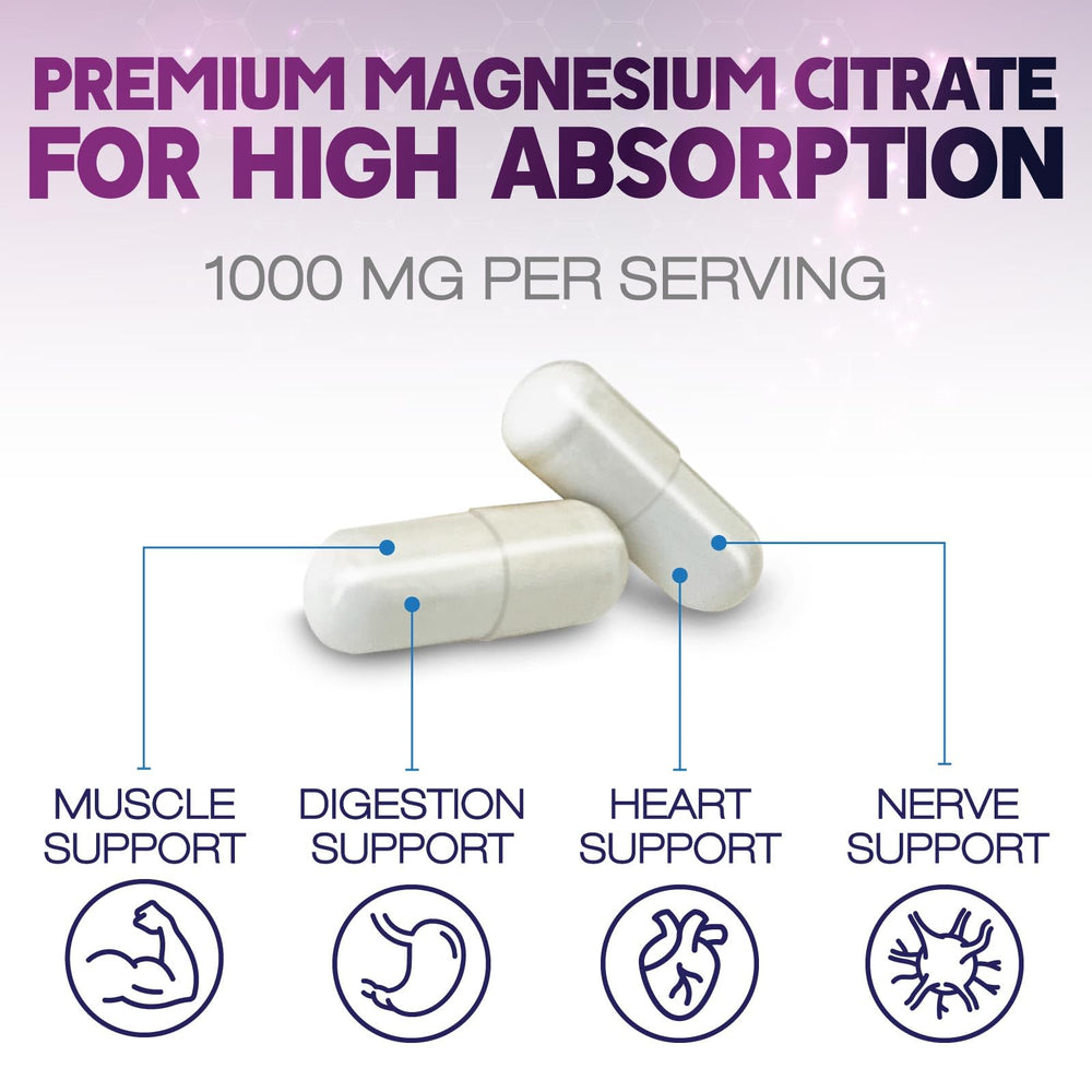 Health Nutrition Naturals magnesium citrate capsules close-up showing 1000mg per two-capsule serving