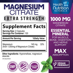 Health Nutrition Naturals magnesium citrate capsules closeup emphasizes high absorption formula.