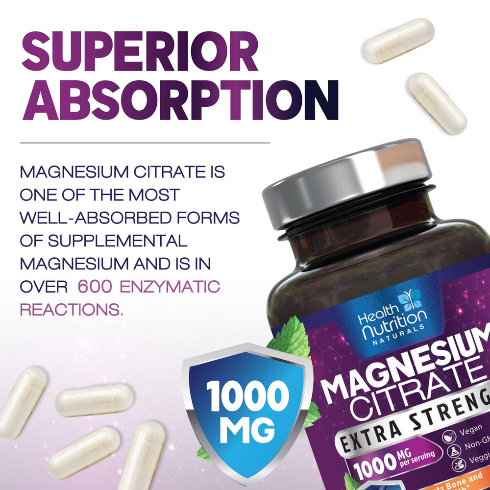 Magnesium citrate capsules with food suggesting digestive wellness support